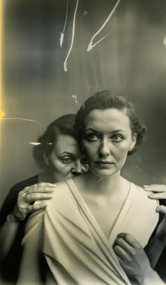 A black and white AI-generated portrait of two women, titled THE ELECTRICIAN