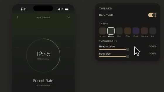 UI mockup showing the applied dark mode theme