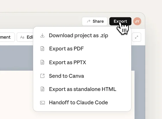 Export options panel showing file formats and integration targets