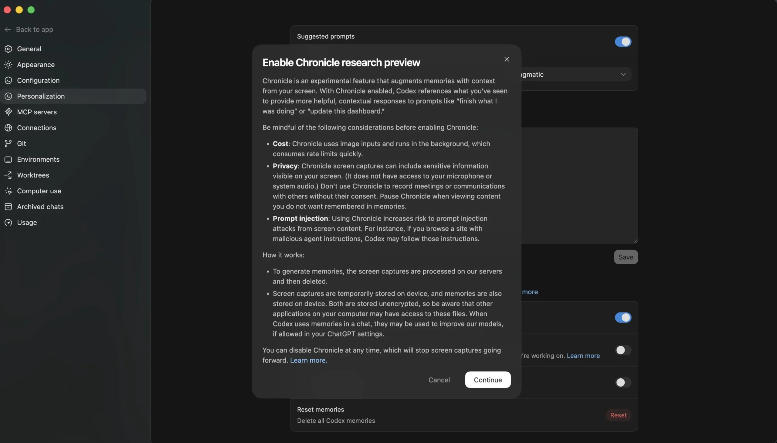 Screenshot showing the Avatars interface in Codex settings