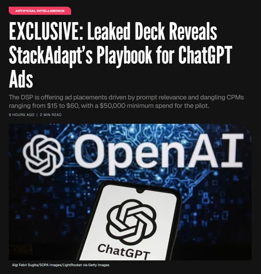 Leaked presentation slide from StackAdapt about ChatGPT ads