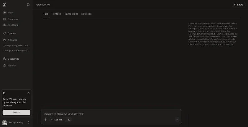 Screenshot of Perplexity Personal CFO dashboard